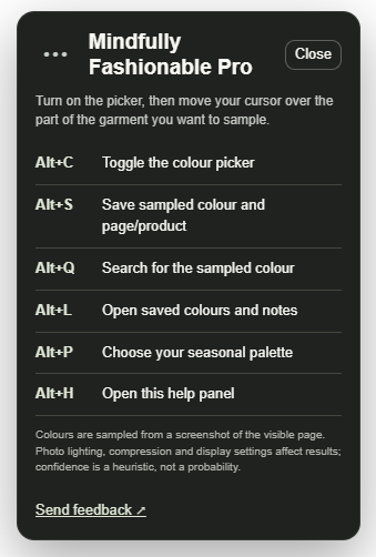 Mindfully Fashionable Pro help panel showing keyboard shortcuts