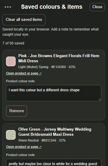 Mindfully Fashionable Pro saved colours and product links with personal notes